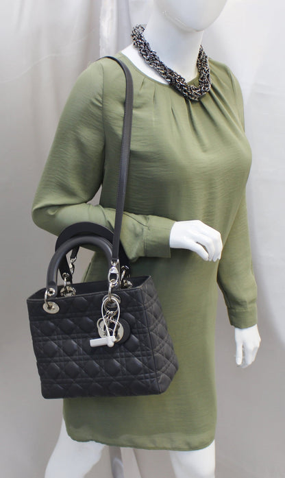 CHRISTIAN DIOR Cannage Quilted Lambskin Leather Lady Dior Medium Bag Rovelle Bags
