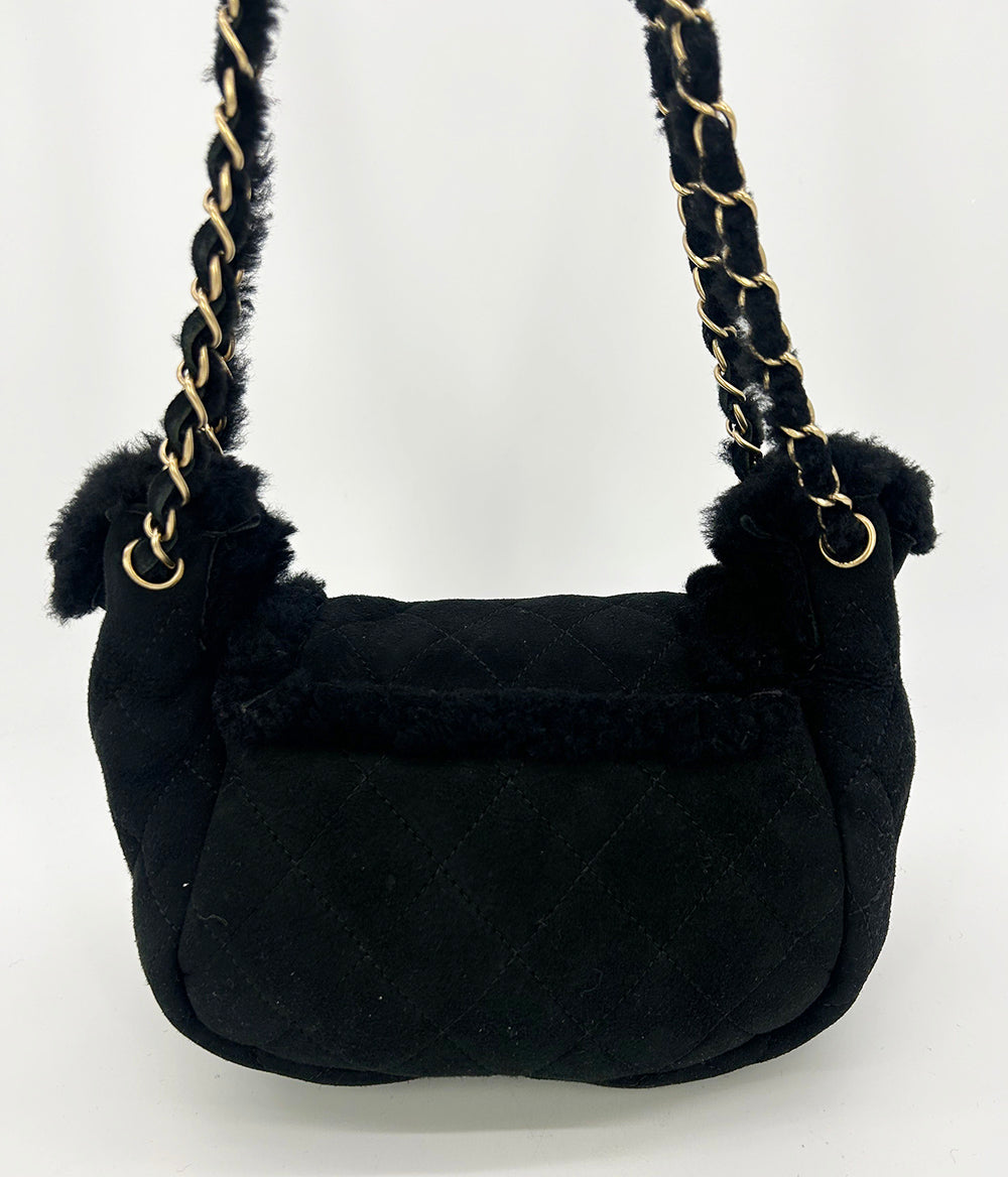 Chanel Black Suede Shearling Small Accordion Flap Bag Rovelle Bags