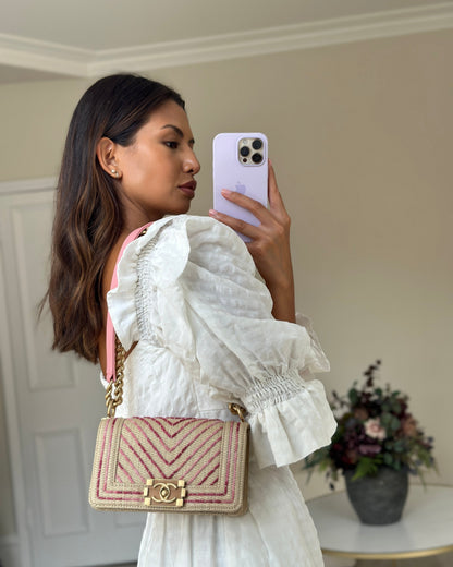 Chanel Small Raffia Boy Bag with Metallic Pink Chevron Stitch and Brushed Gold Hardware Rovelle Bags