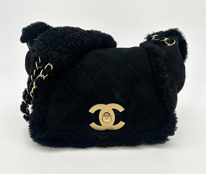 Chanel Black Suede Shearling Small Accordion Flap Bag Rovelle Bags