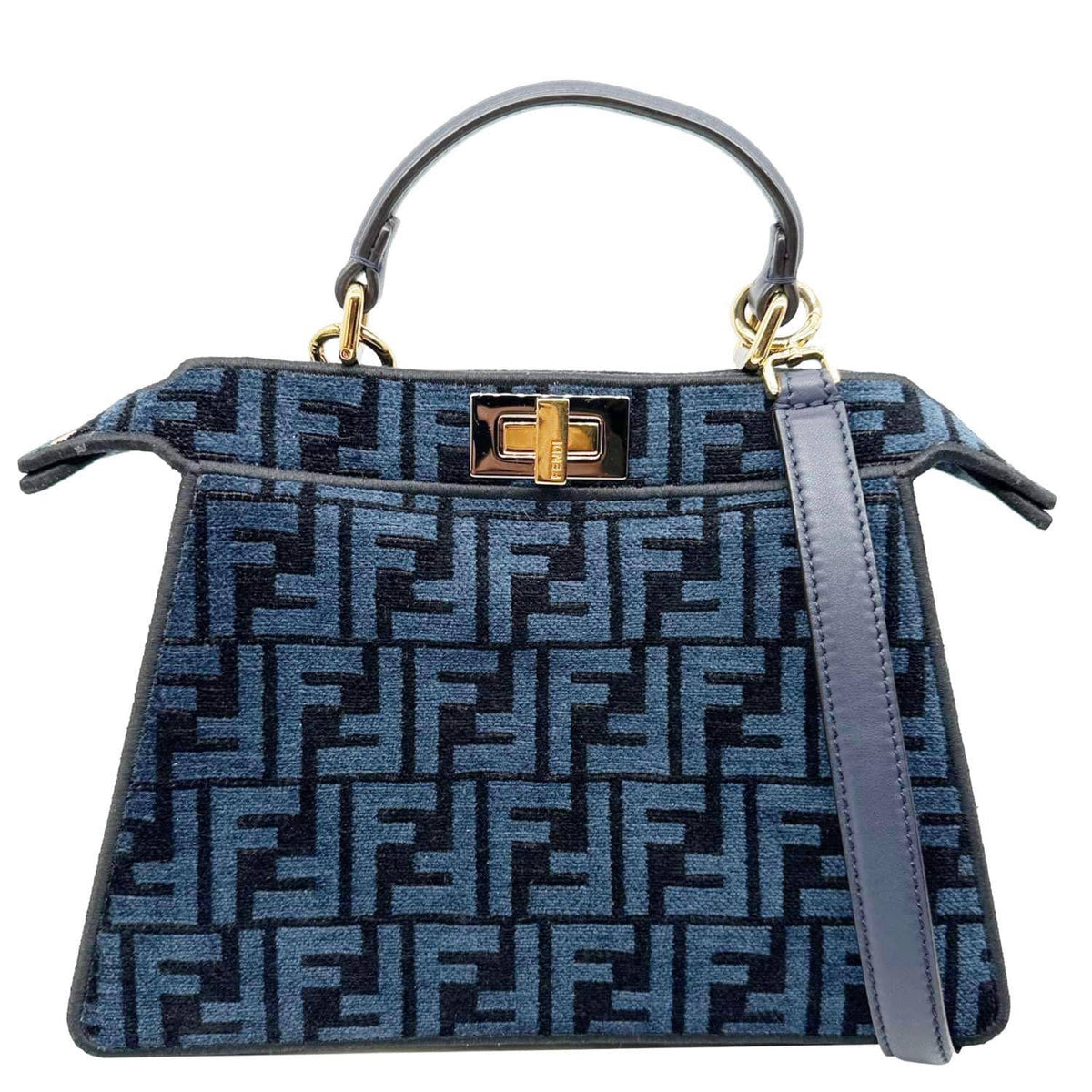 FENDI Peekaboo I SEE U Small Chenille FF Vitello Seta Satchel Bag Blue Rovelle Bags