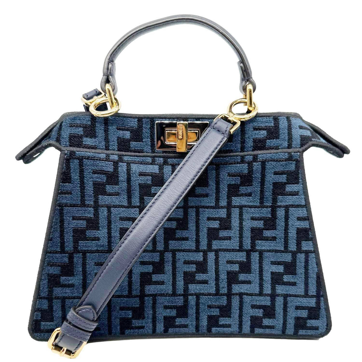 FENDI Peekaboo I SEE U Small Chenille FF Vitello Seta Satchel Bag Blue Rovelle Bags