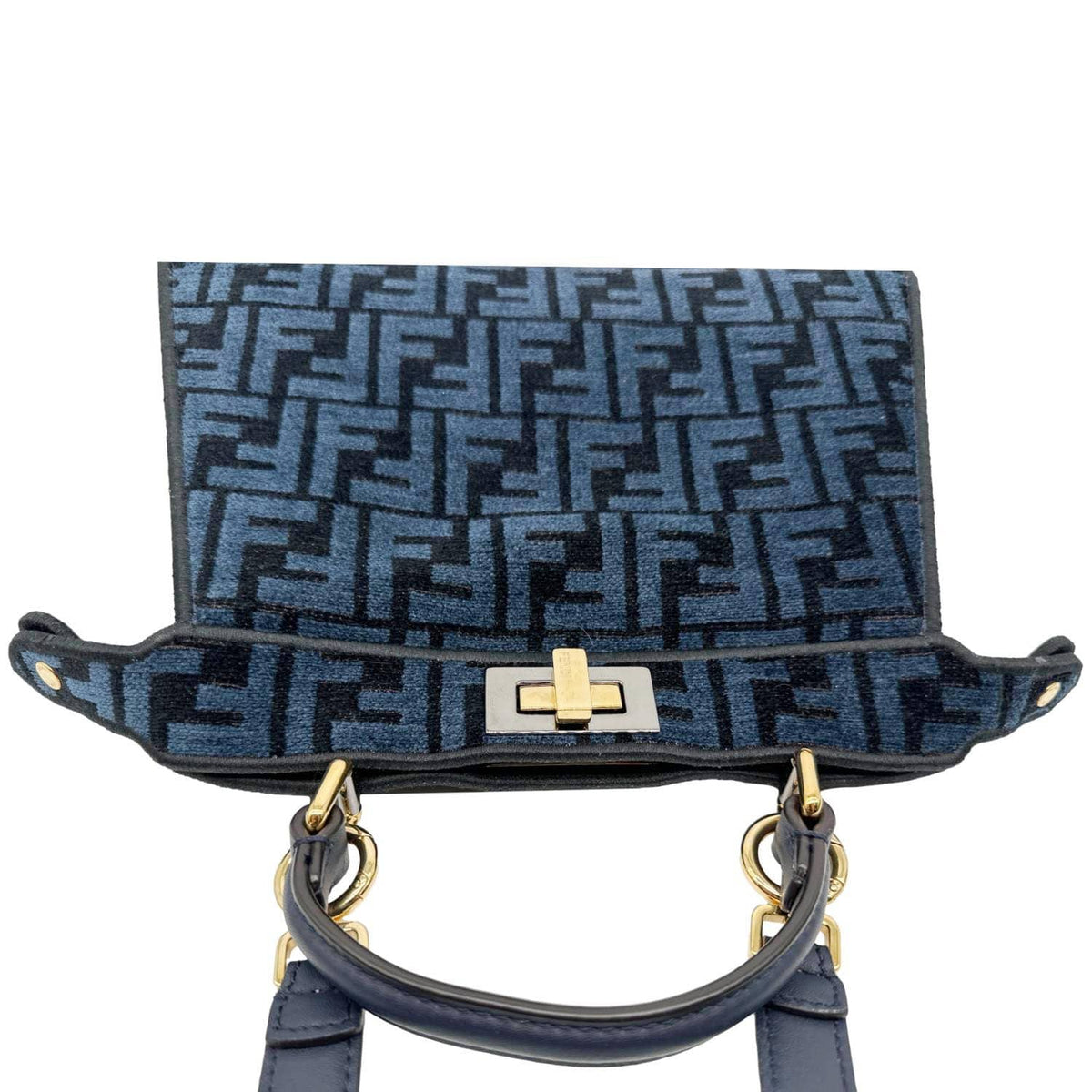 FENDI Peekaboo I SEE U Small Chenille FF Vitello Seta Satchel Bag Blue Rovelle Bags