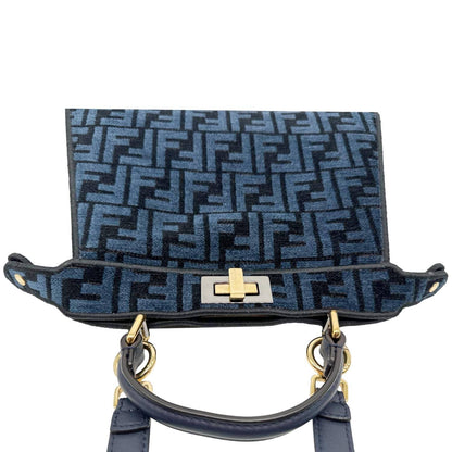 FENDI Peekaboo I SEE U Small Chenille FF Vitello Seta Satchel Bag Blue Rovelle Bags