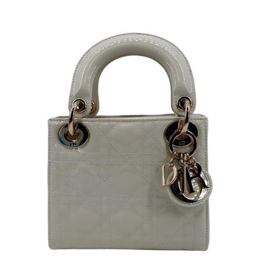 CHRISTIAN DIOR Mini Lady Dior Cannage Patent Leather Satchel Bag White Rovelle Bags