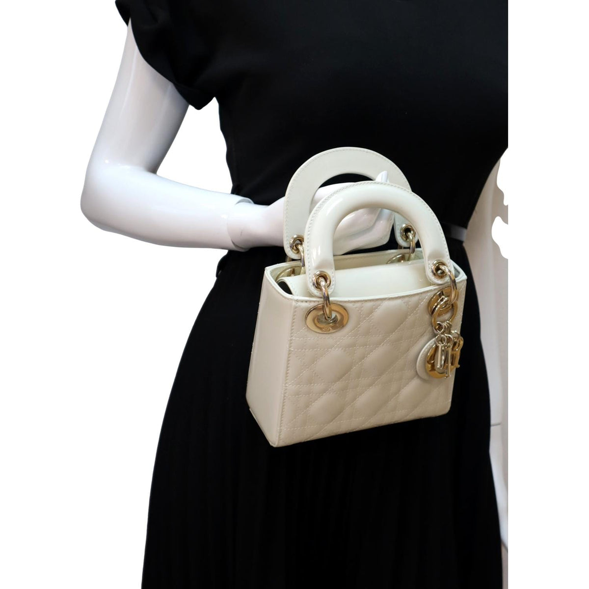 CHRISTIAN DIOR Mini Lady Dior Cannage Patent Leather Satchel Bag White Rovelle Bags