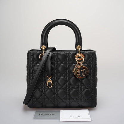 Dior Black Lady Dior Bag In Medium Size Cannage Lambskin Leather With Goid Hardware From 2016 Rovelle Bags