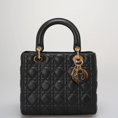 Dior Black Lady Dior Bag In Medium Size Cannage Lambskin Leather With Goid Hardware From 2016 Rovelle Bags