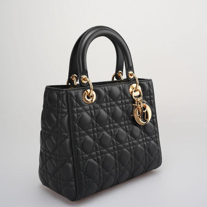 Dior Black Lady Dior Bag In Medium Size Cannage Lambskin Leather With Goid Hardware From 2016 Rovelle Bags