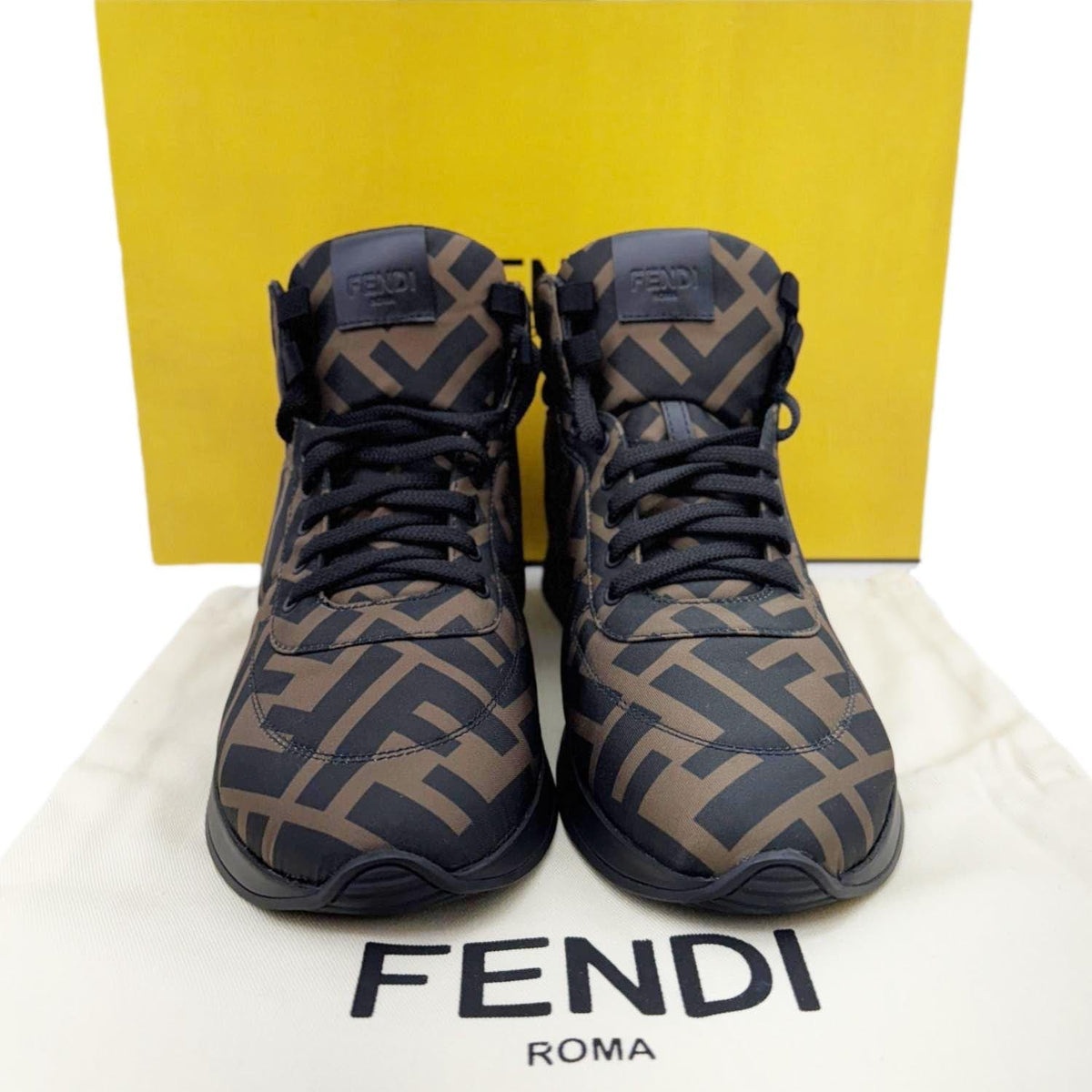 FENDI High Top FF Quilted Zucca Nylon Sneakers Size 38 Brown Rovelle Bags