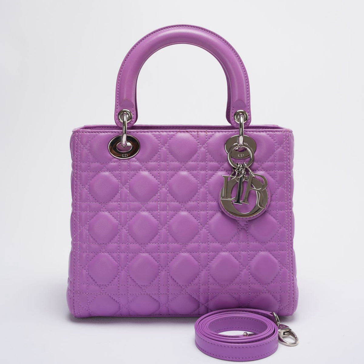Dior Purple Lilac Lady Dior Medium Bag In Cannage Lambskin Leather With Silver Hardware Rovelle Bags