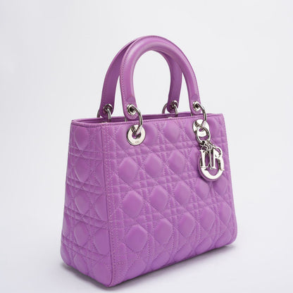 Dior Purple Lilac Lady Dior Medium Bag In Cannage Lambskin Leather With Silver Hardware Rovelle Bags