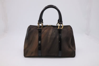 Dior Boston Bag in Brown Nylon and Black Patent Leather Rovelle Bags