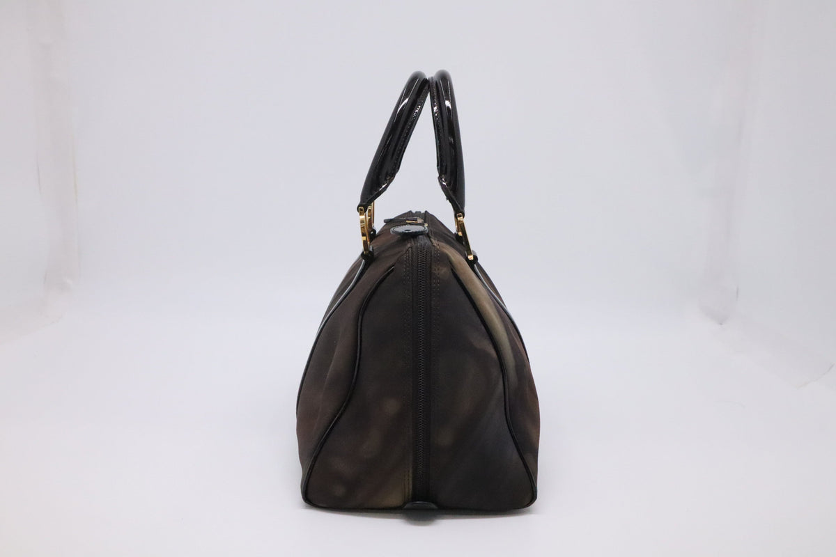 Dior Boston Bag in Brown Nylon and Black Patent Leather Rovelle Bags