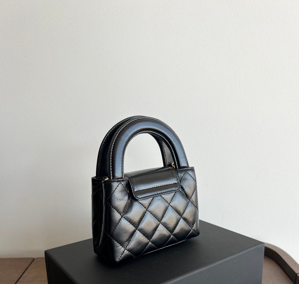 Chanel Kelly Shopping Bag Shiny Aged Calfskin & Gold Hardware Black (Nano)