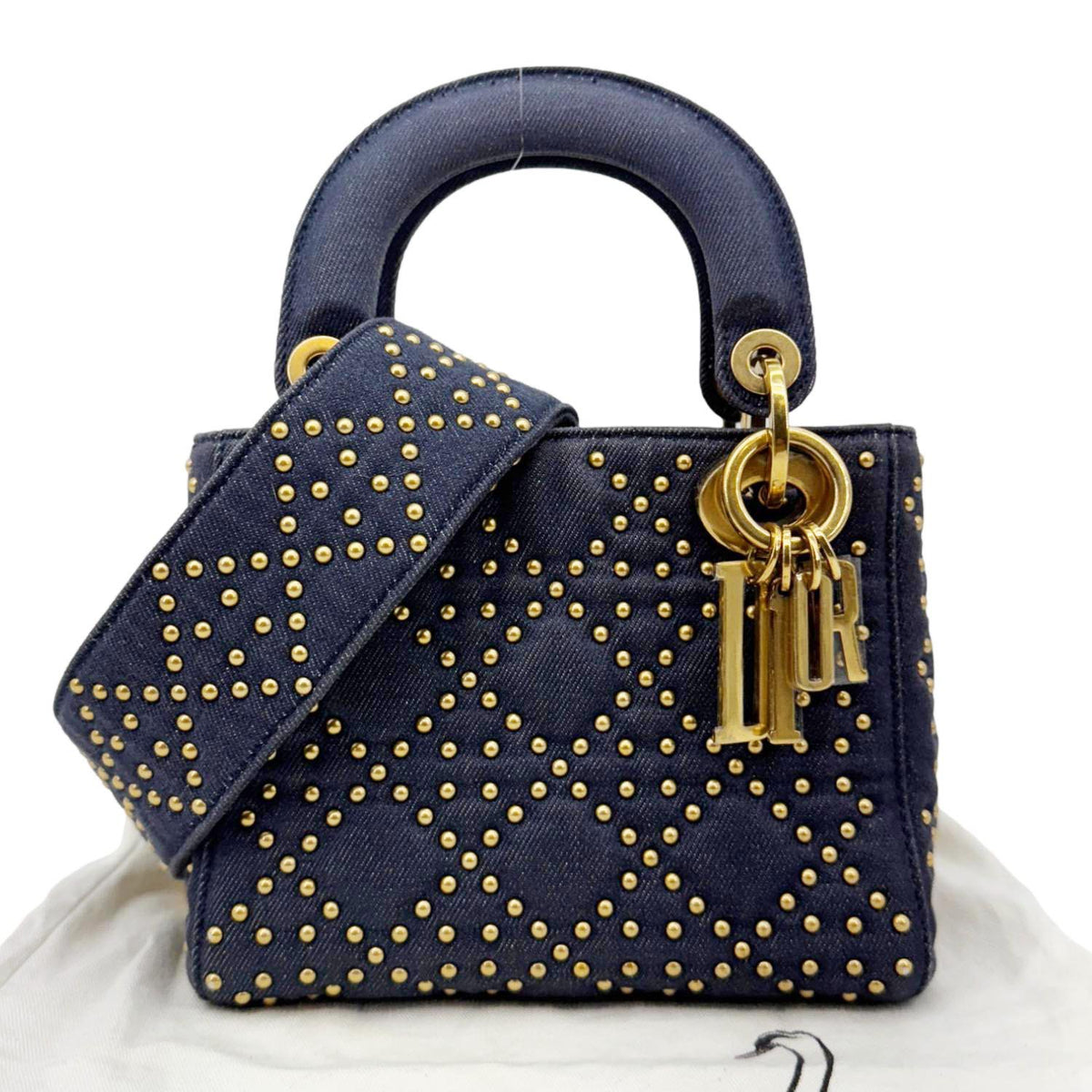 CHRISTIAN DIOR Lady Dior Mini Studded Supple Cannage Denim Crossbody Bag Navy Blue Rovelle Bags