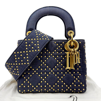 CHRISTIAN DIOR Lady Dior Mini Studded Supple Cannage Denim Crossbody Bag Navy Blue Rovelle Bags