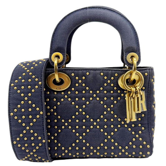 CHRISTIAN DIOR Lady Dior Mini Studded Supple Cannage Denim Crossbody Bag Navy Blue Rovelle Bags