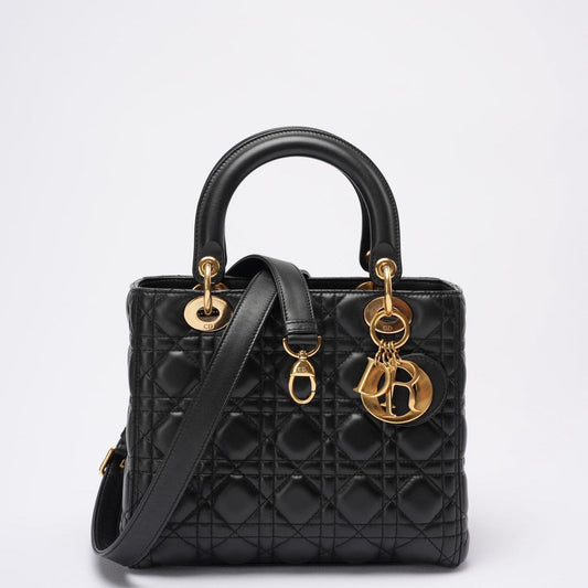 Christian Dior Lady Dior Medium Bag Black Lambskin Leather Rovelle Bags