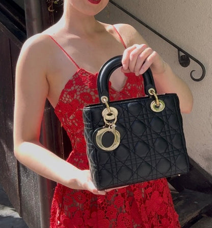Christian Dior Black Small Lady Dior Bag In Cannage Lambskin Leather With Gold Hardware Rovelle Bags