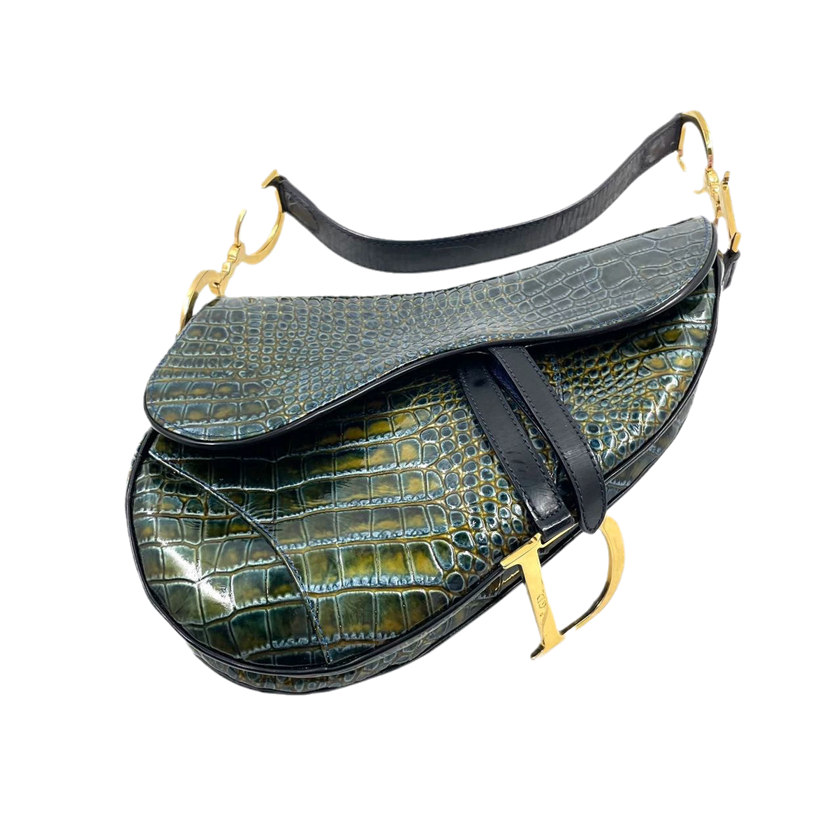 Dior Saddle Green Medium Crocodile embossed Leather Handbag Rovelle Bags