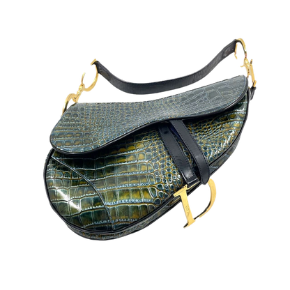 Dior Saddle Green Medium Crocodile embossed Leather Handbag Rovelle Bags