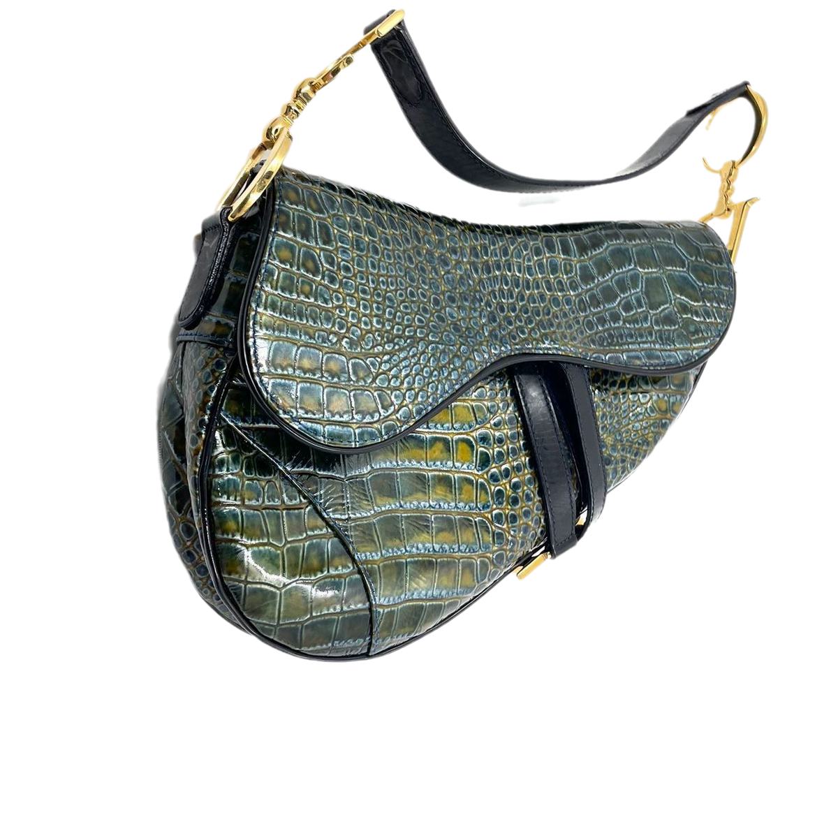Dior Saddle Green Medium Crocodile embossed Leather Handbag Rovelle Bags