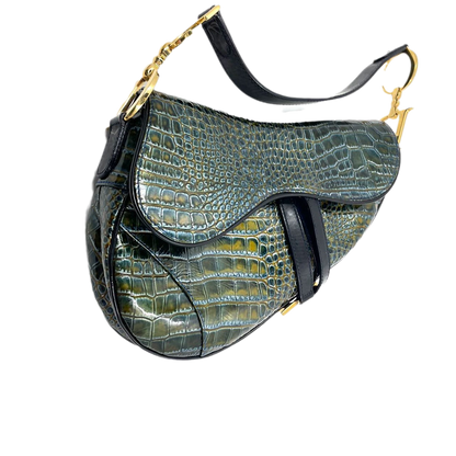 Dior Saddle Green Medium Crocodile embossed Leather Handbag Rovelle Bags