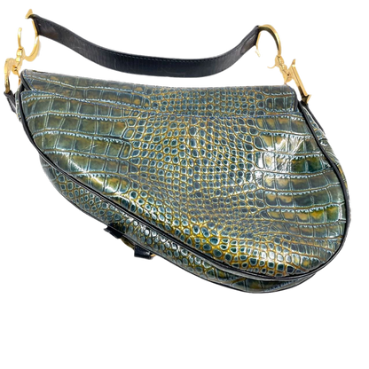 Dior Saddle Green Medium Crocodile embossed Leather Handbag Rovelle Bags
