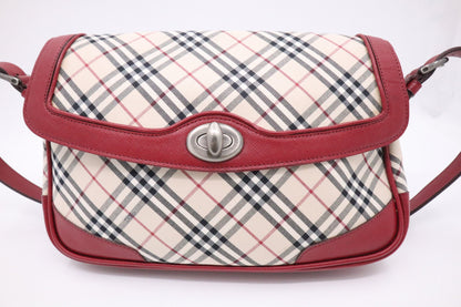 Burberry Shoulder Bag in Beige Checked Canvas & Red Leather