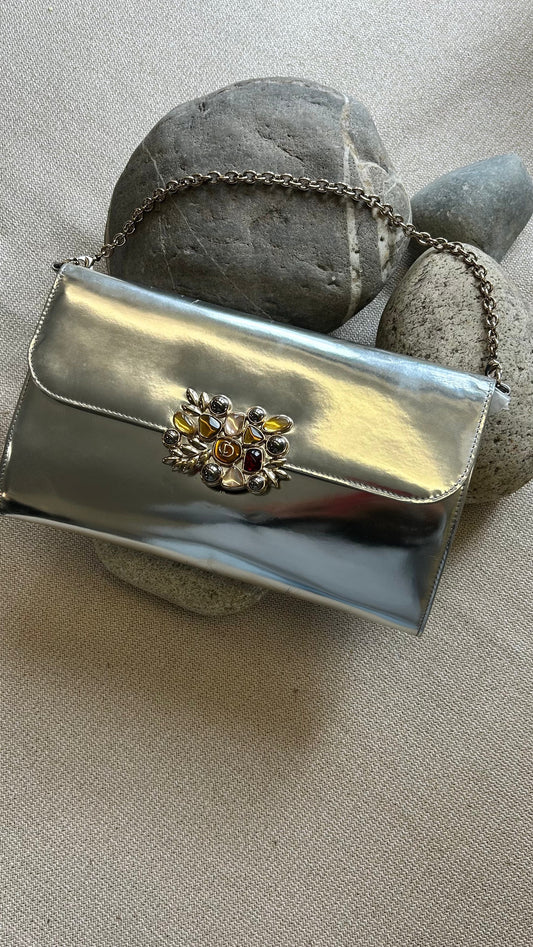 Christian Dior Embellished Clutch Patent Silver Rovelle Bags
