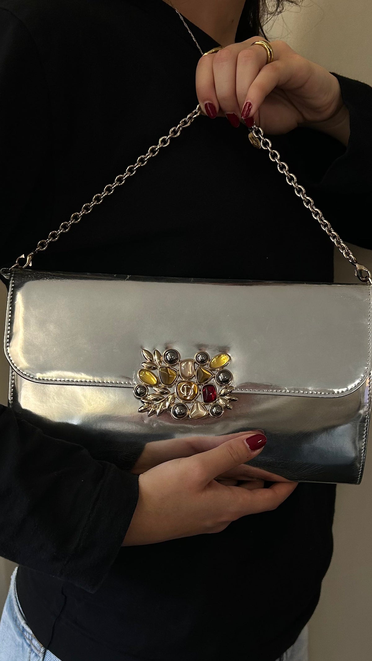 Christian Dior Embellished Clutch Patent Silver Rovelle Bags