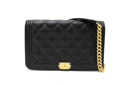 Chanel Black Caviar Quilted Leather Boy Wallet On Chain WOC Rovelle Bags