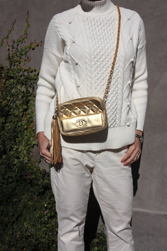 Chanel Quilted Gold CC Camera Tassel Shoulder Bag Rovelle Bags