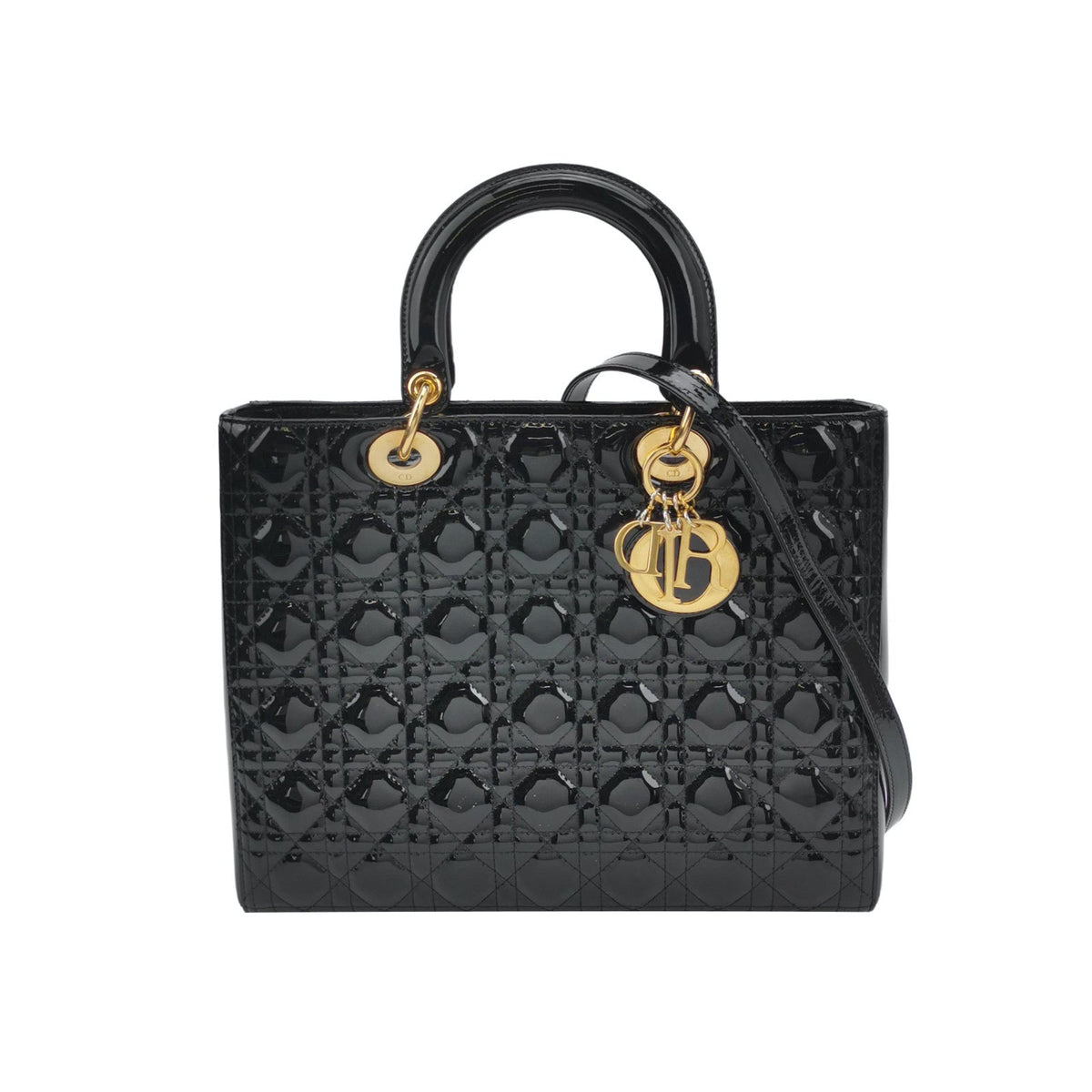 Lady Dior Large Black Patent Leather Handbag with Strap Rovelle Bags