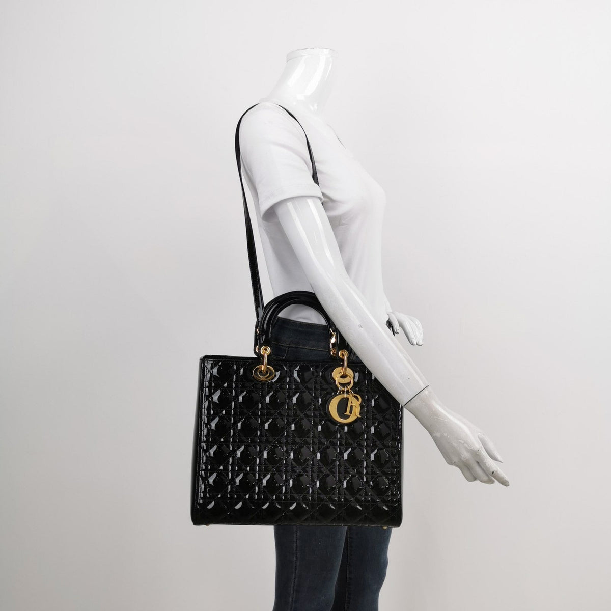 Lady Dior Large Black Patent Leather Handbag with Strap Rovelle Bags