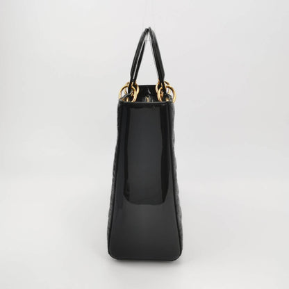 Lady Dior Large Black Patent Leather Handbag with Strap Rovelle Bags