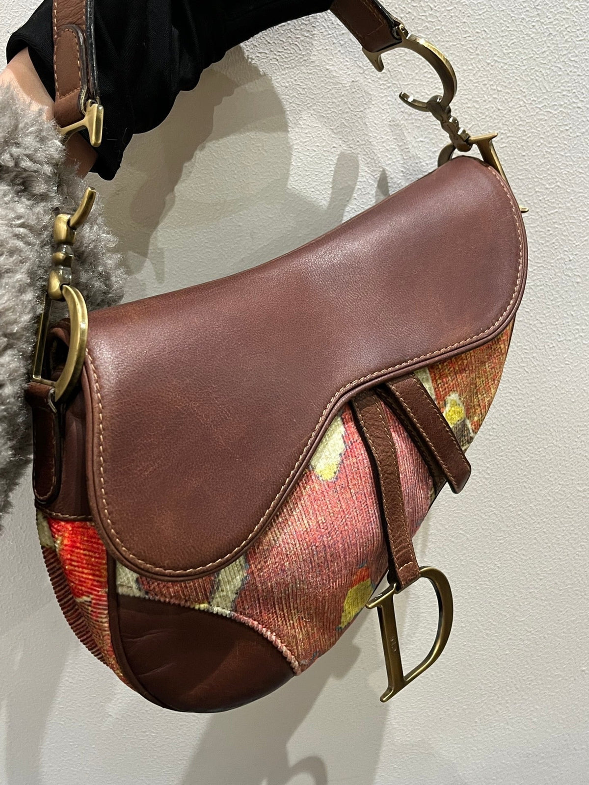 Dior Saddle bag brown leather and printed velvet RARE Rovelle Bags