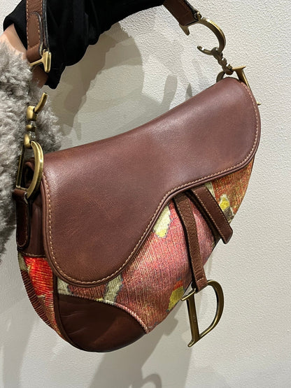 Dior Saddle bag brown leather and printed velvet RARE Rovelle Bags