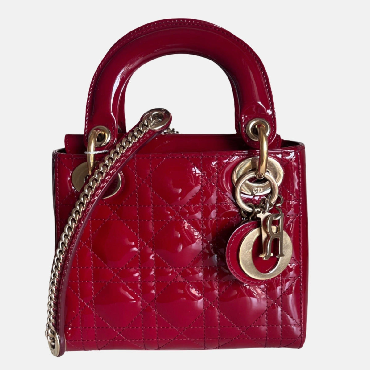 Lady Dior Mini Handbag Burgundy Red Patent Leather Gold-tone Chain Strap Rovelle Bags