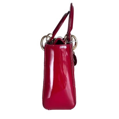 Lady Dior Mini Handbag Burgundy Red Patent Leather Gold-tone Chain Strap Rovelle Bags