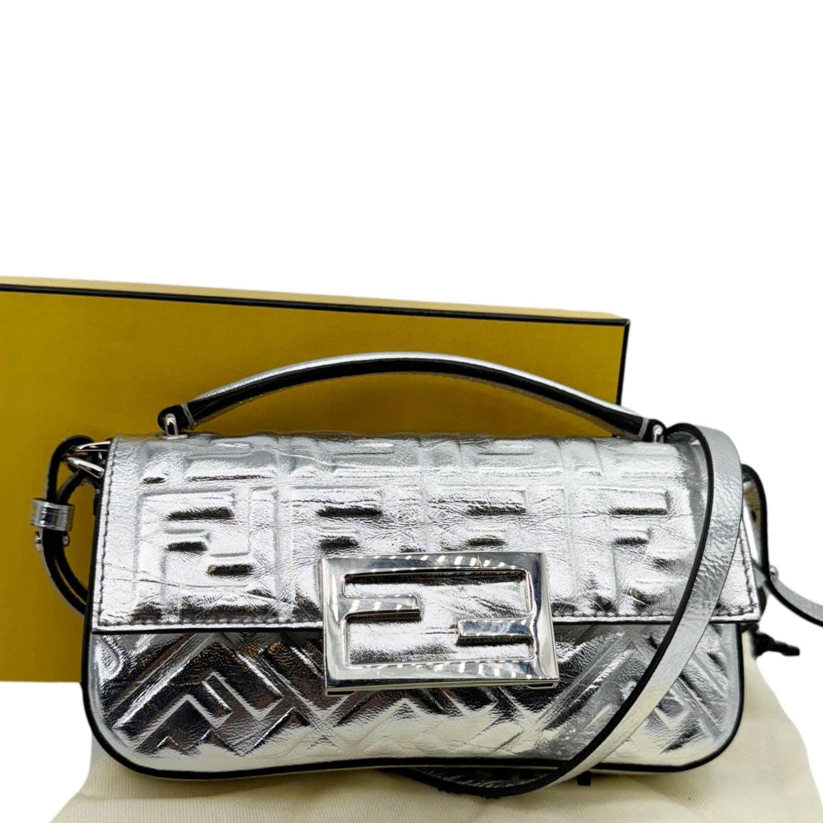 FENDI Baguette Zucca Embossed Leather Crossbody Bag Metallic Silver Rovelle Bags