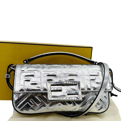 FENDI Baguette Zucca Embossed Leather Crossbody Bag Metallic Silver Rovelle Bags