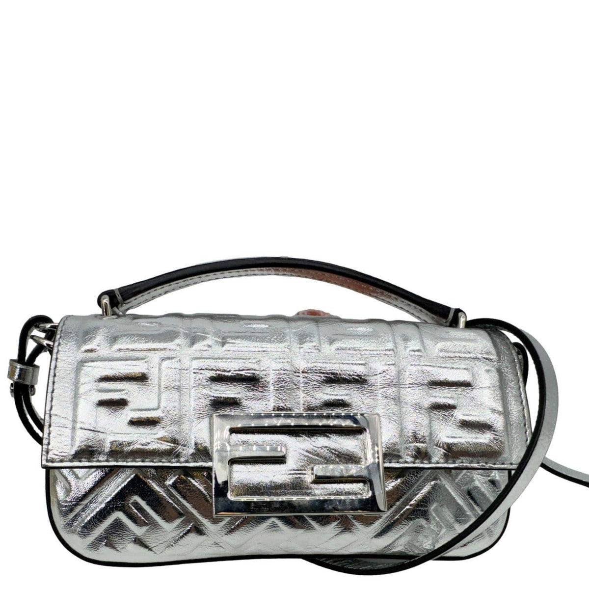 FENDI Baguette Zucca Embossed Leather Crossbody Bag Metallic Silver Rovelle Bags