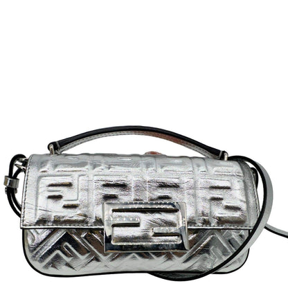 FENDI Baguette Zucca Embossed Leather Crossbody Bag Metallic Silver Rovelle Bags