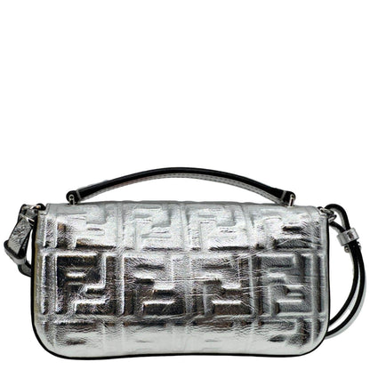FENDI Baguette Zucca Embossed Leather Crossbody Bag Metallic Silver Rovelle Bags