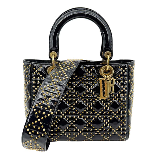 CHRISTIAN DIOR Lady Dior Medium Studded Cannage Patent Leather Crossbody Bag Black Rovelle Bags