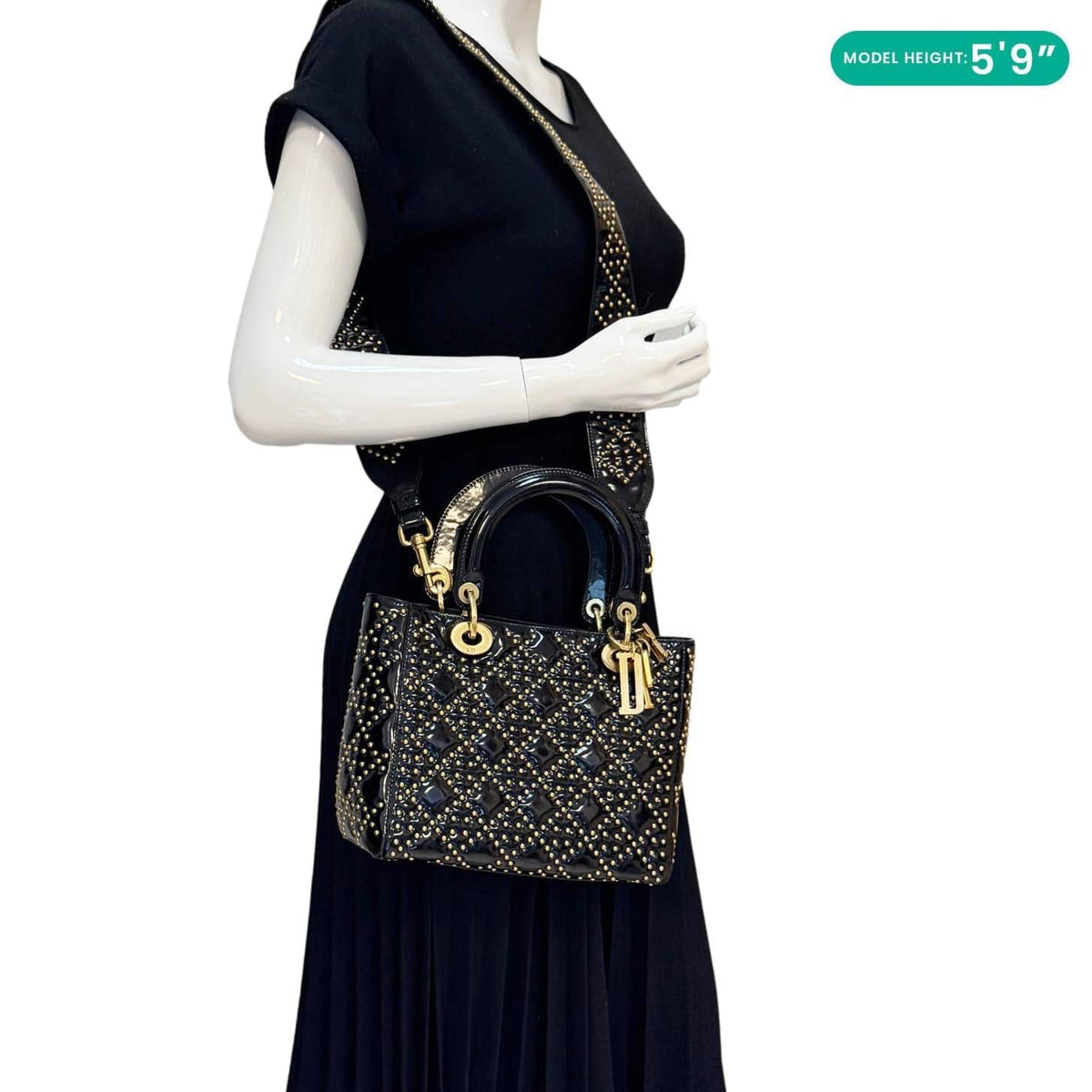 CHRISTIAN DIOR Lady Dior Medium Studded Cannage Patent Leather Crossbody Bag Black Rovelle Bags