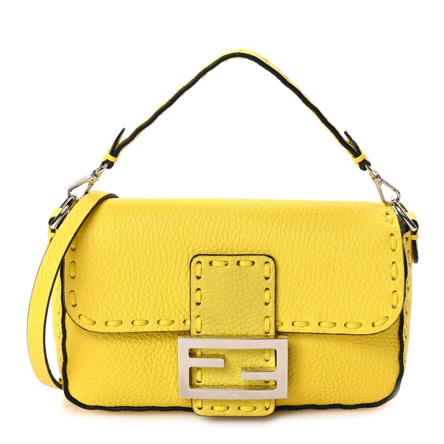 Fendi Cuoio Roma Sellerissima Nappa Sintetica Tape Stitch Mini Baguette Acid Yellow Rovelle Bags