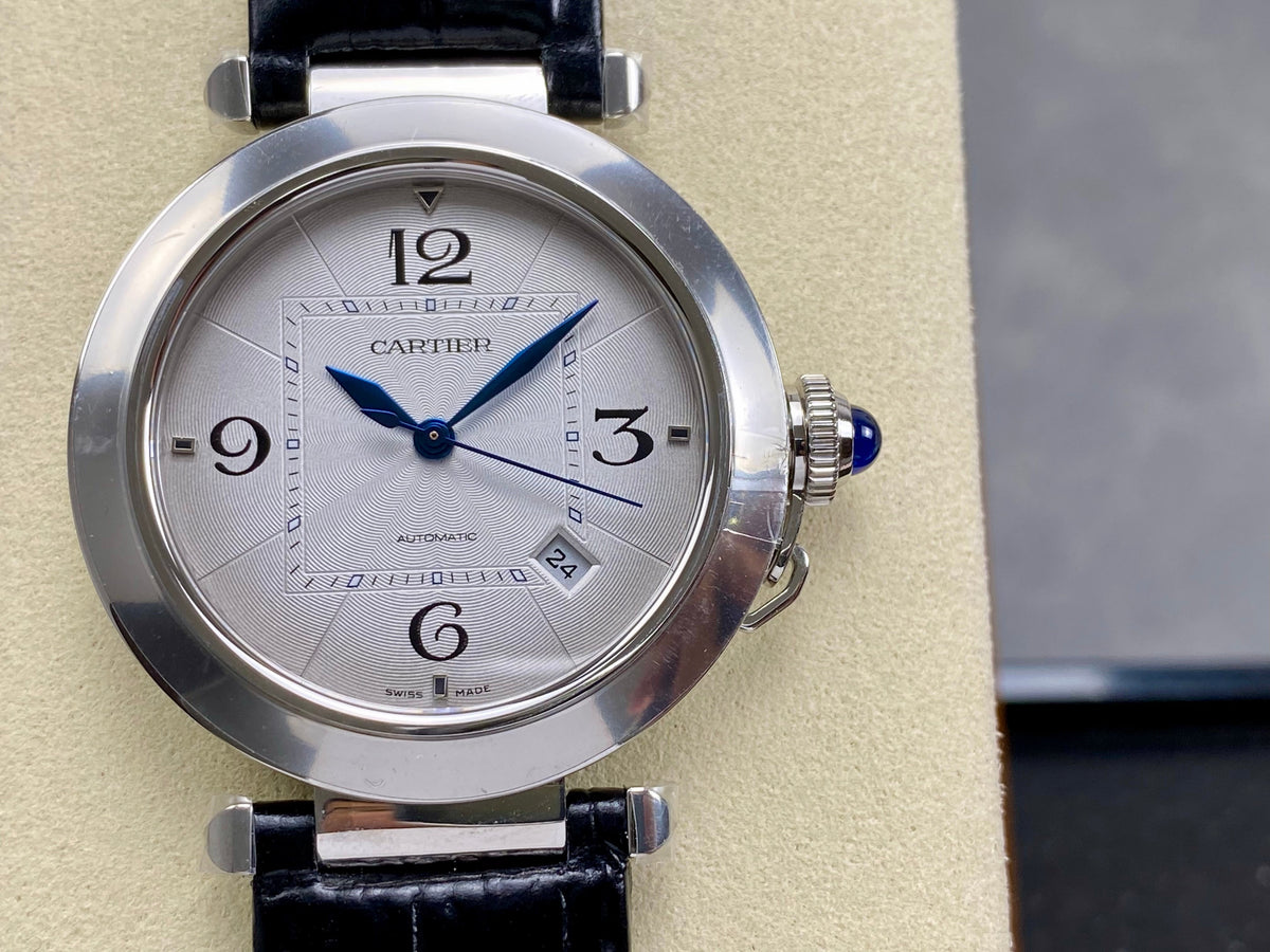 Pasha 41 mm mechanical silver white dial black leather